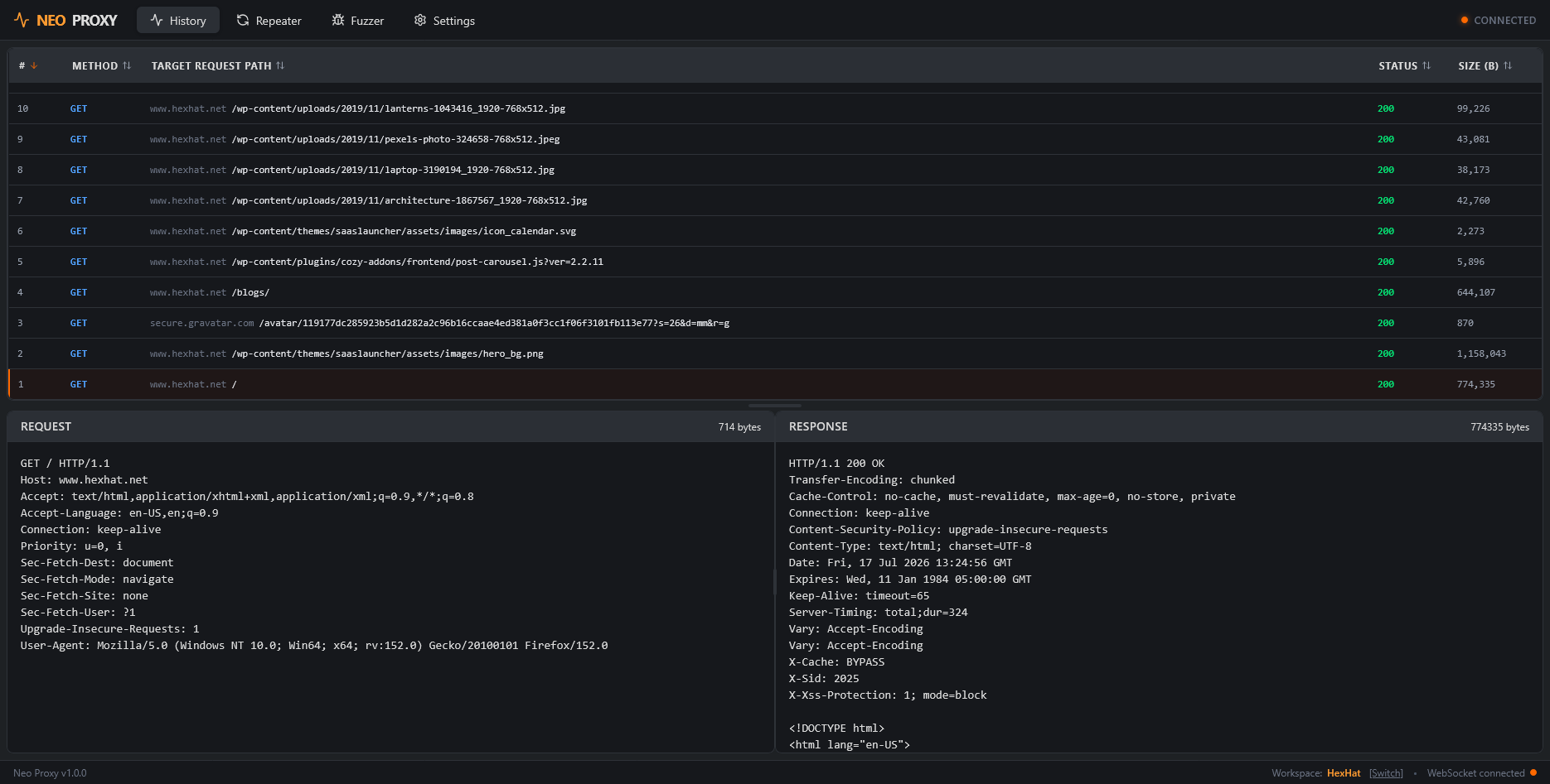 NeoProxy web security testing proxy interface dashboard